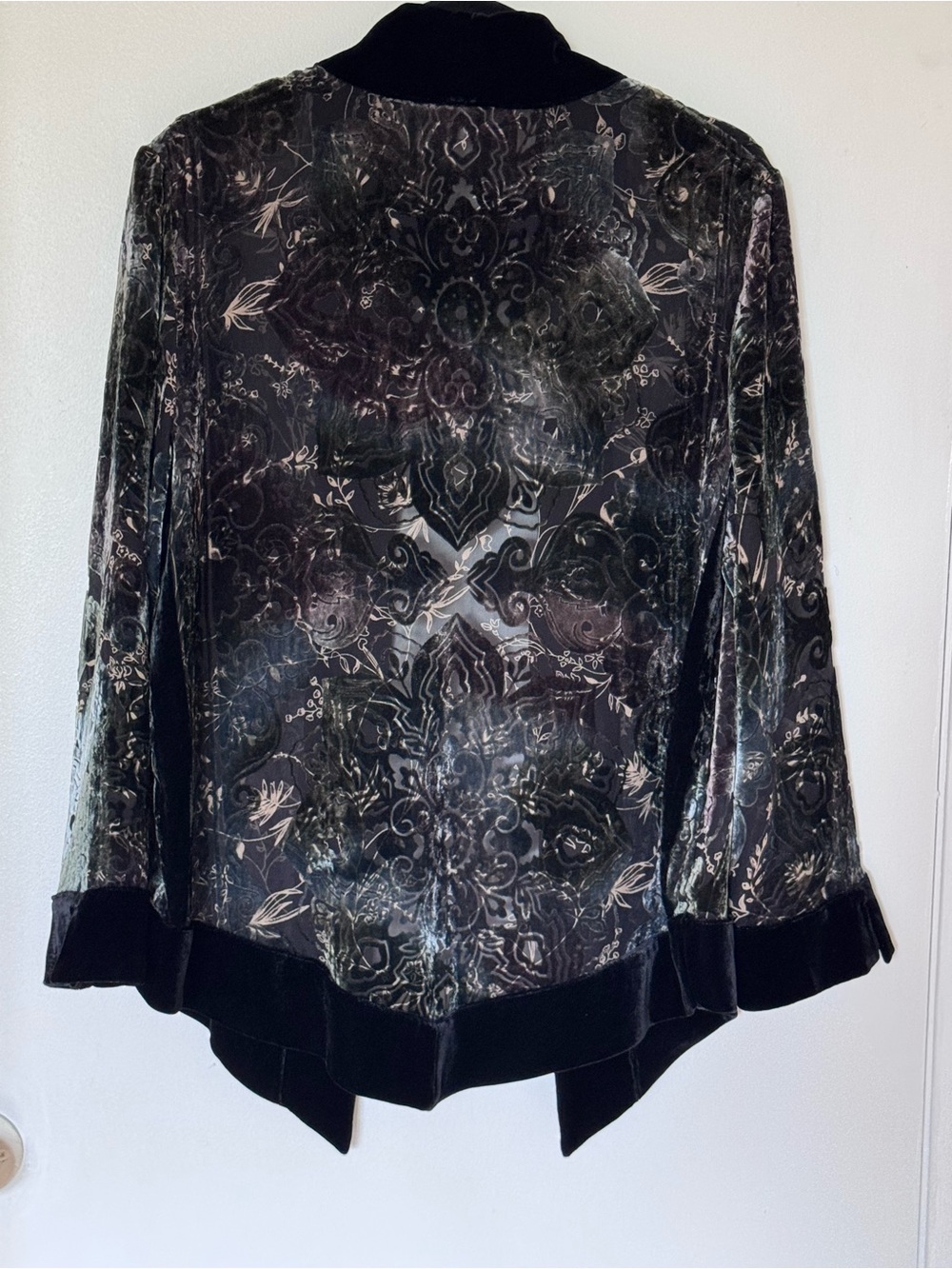 Chico's Velvet Open-Front Jacket in Black and Silver Floral Print - Picture 5 of 10